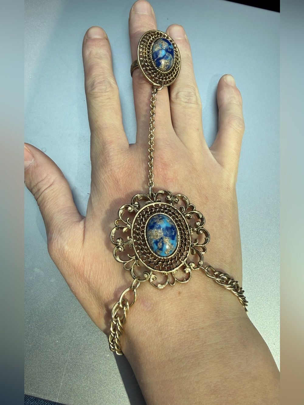 Vintage Gold Tone Blue Gold Flake Foil Cabochon Slave Bracelet Ring Set